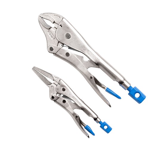 2pce Locking Plier Set - 180mm Long Nose & 250mm Curved Jaw